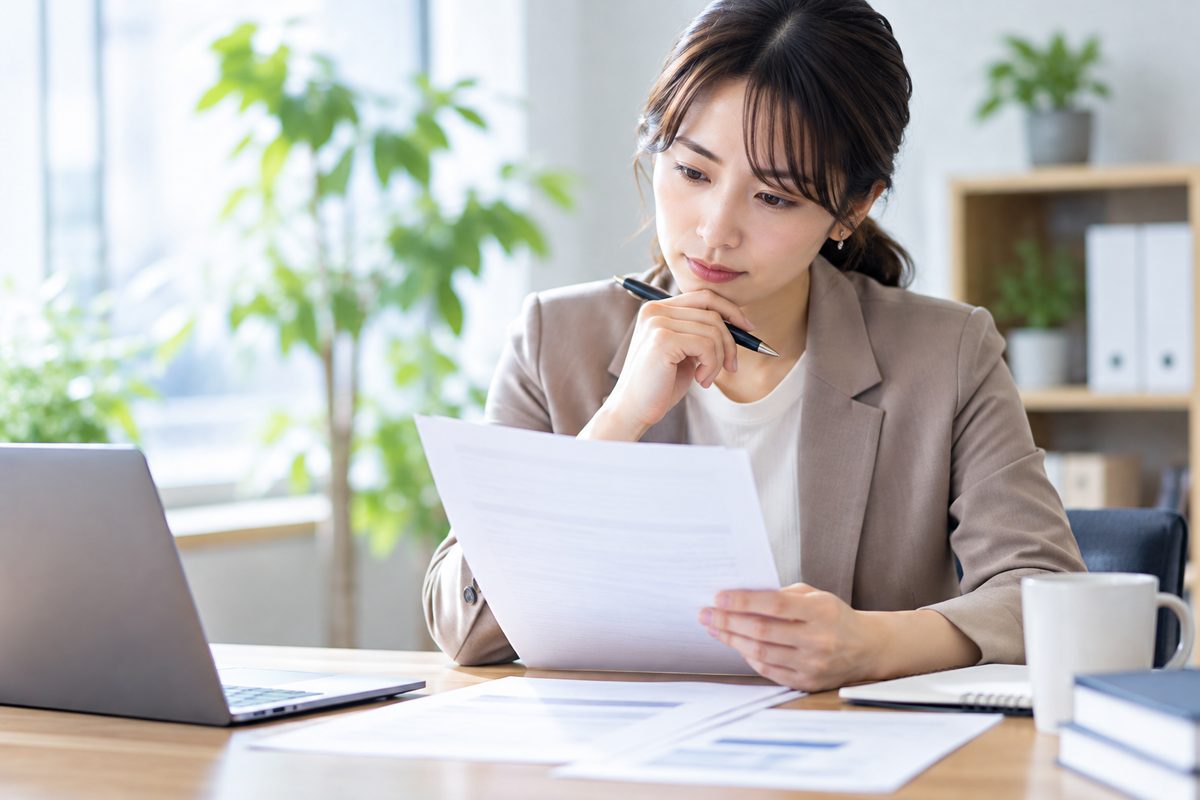 特許事務所で働く人が職務経歴書を見ながら、これまで担当してきた特許実務や今後のキャリアについて振り返っている様子